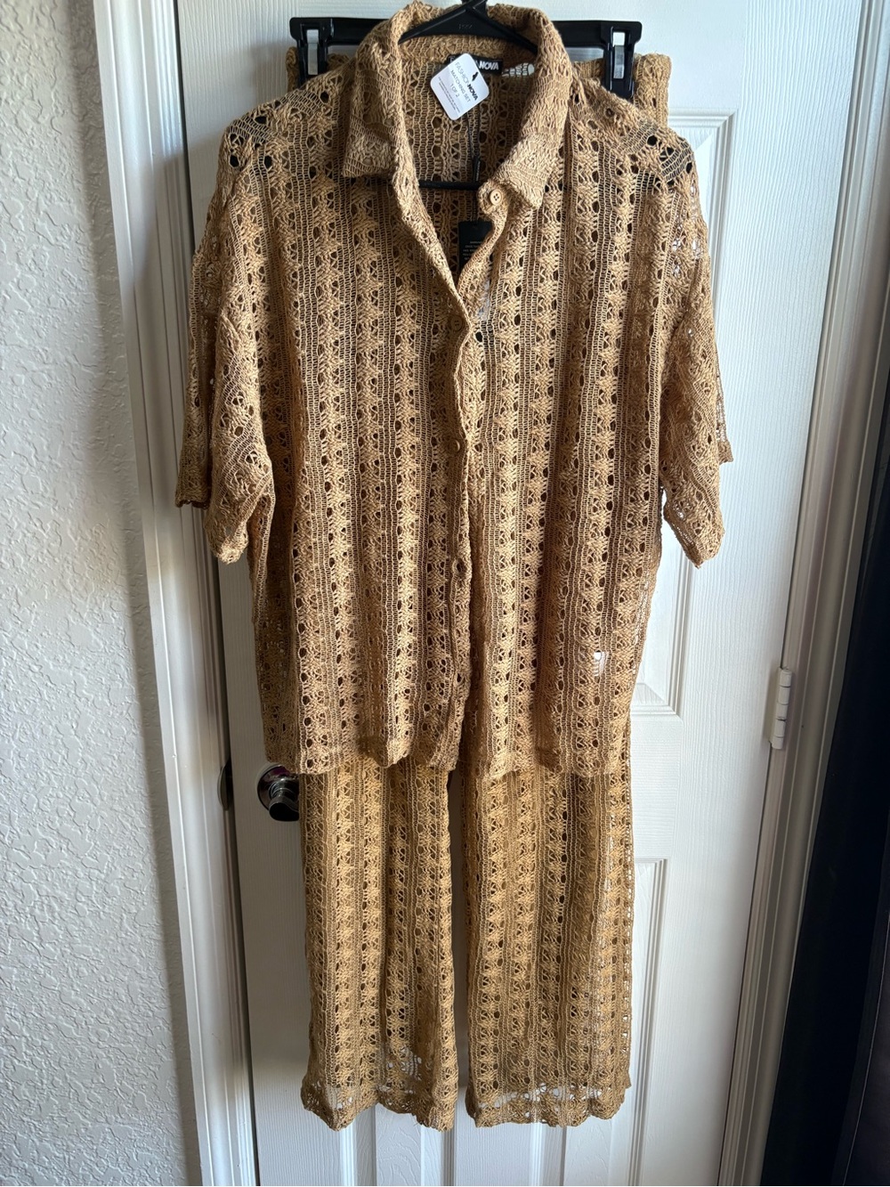 Fashion Nova Tan Crochet Two-Piece Pantsuit